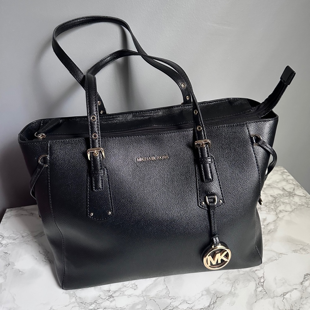 Michael Kors Black Pebbled Leather Tote with Gold Accents